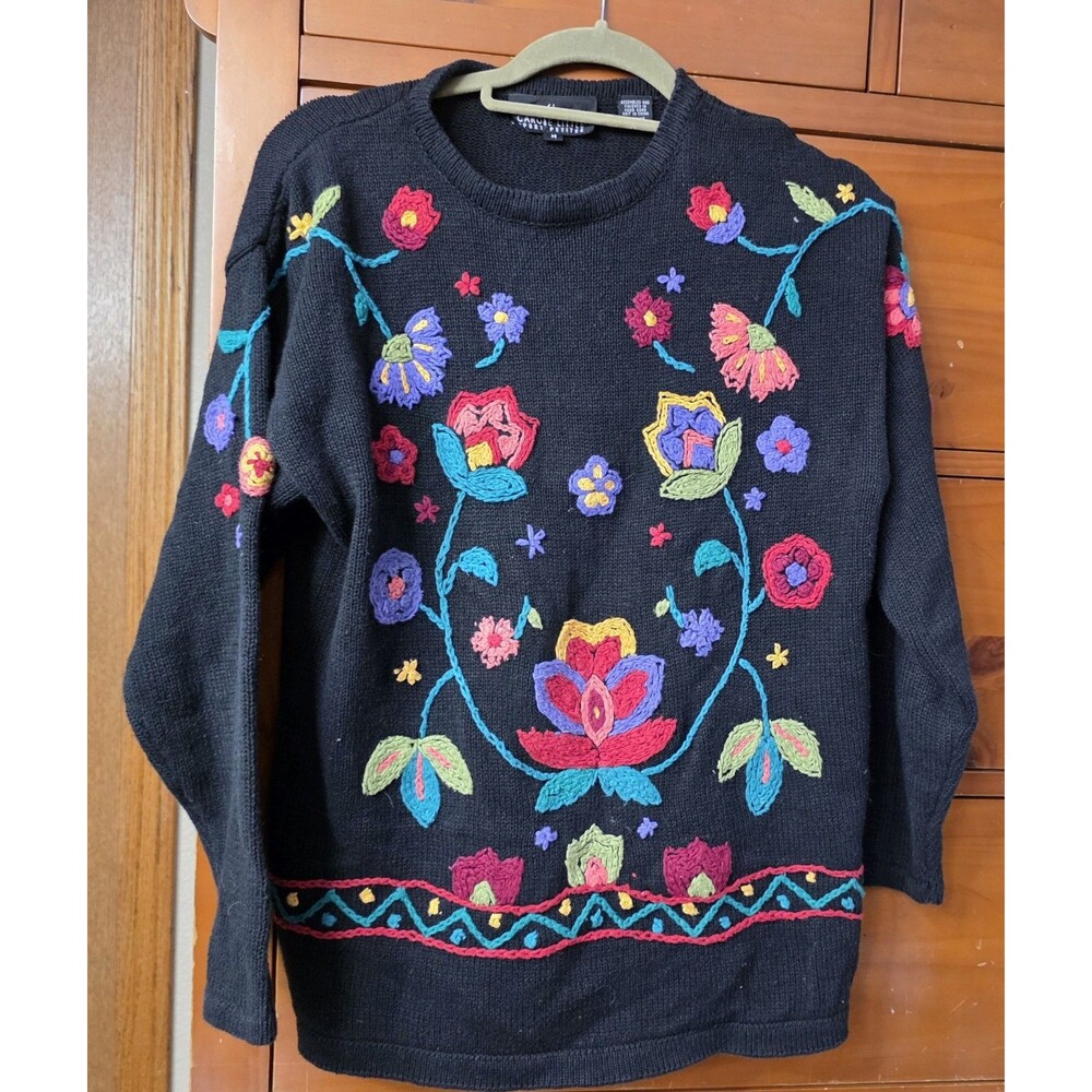 Vintage Carole Little Sweater Size Medium Petite Embroidered Black Floral